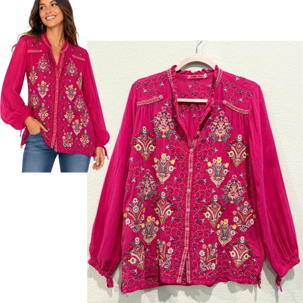 Johnny Was Embroidered Floral Top Pink Small Long Sleeve Blouse Boho Lightweight
